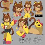 2026 absurd_res annoyed anthro blush breasts brown_hair butt clothing digital_media_(artwork) domestic_cat drawligator eyewear eyewear_on_head felid feline felis female gameoverse glitch_productions goggles goggles_on_head grey_background hair hi_res kit_bodega looking_at_viewer looking_down lying mammal meme on_front open_mouth pink_clothing red_eyes sad simple_background sitting smile solo standing tail tongue tongue_out yellow_clothing