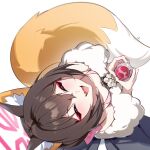  1boy 1girl absurdres animal_ear_fluff animal_ears blue_archive breasts brown_hair chinese_commentary closed_eyes colored_inner_animal_ears commentary_request dress eyeliner fang fox_ears fox_girl fox_tail fur_shawl hair_between_eyes halo highres izuna_(blue_archive) izuna_(dress)_(blue_archive) long_hair looking_at_viewer makeup official_alternate_costume open_mouth pink_dress pink_eyeliner pink_halo pov sensei_(blue_archive) shanqianqian_377 shawl simple_background skin_fang small_breasts tail white_background 