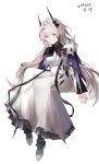  1girl absurdres arknights black_horns black_socks closed_mouth commentary dress full_body grey_hair grey_shoes highres horns invisible_chair light_smile little_zhuo long_dress long_hair long_sleeves looking_at_viewer photoshop_(medium) pink_eyes shoes simple_background sitting socks solo split_mouth theresa_(arknights) turtleneck turtleneck_dress white_background white_dress 