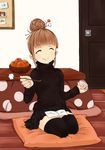  ^_^ brown_hair closed_eyes food fruit hair_bun kotatsu mandarin_orange mimikaki original seiza sitting smile solo table thighhighs turtleneck zettai_ryouiki zukaketawagase 