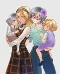  4girls belt black_dress black_shoes blonde_hair blue_eyes brown_shoes carrying celica_(xenoblade_x) child_carry closed_mouth commentary cowboy_shot cross_(xenoblade_x) denim dress english_commentary family flower green_shirt grey_hair hair_flower hair_ornament highres if_they_mated jeans lilithcosa long_hair long_sleeves mother_and_child mother_and_daughter multiple_girls original pants parent_and_child pinafore_dress purple_eyes purple_flower rectangular_eyewear reina_(reina_sakuraba) science_babies shirt shoes short_hair short_sleeves simple_background sleeveless sleeveless_dress socks white_shirt white_socks xenoblade_chronicles_(series) xenoblade_chronicles_x yuri 