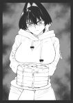  1girl absurdres alternate_costume arms_under_breasts border breasts butter closed_mouth commentary cowboy_shot crossed_arms english_commentary food frown greyscale hair_between_eyes hair_intakes hatching_(texture) highres hololive hololive_english hood hoodie large_breasts linear_hatching long_hair long_sleeves looking_at_viewer looking_down monochrome ouro_kronii pancake pancake_stack pants plate pov pov_hands solo_focus standing syrup v-shaped_eyebrows virtual_youtuber zero_(muftisaili) 