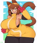anthro big_breasts biped blush bodily_fluids border bottomwear breasts brown_body brown_fur brown_hair brown_tail clothed clothed_anthro clothed_female clothing domestic_cat felid feline felis female fingers fur gameoverse glitch_productions green_background hair hi_res kit_(gameoverse) mammal open_mouth pink_eyes pupils simple_background solo sususuigi sweat tail teeth tongue topwear white_background white_border