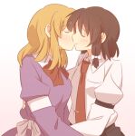  2girls black_skirt blonde_hair blush bow bowtie breast_pocket brown_hair closed_mouth collared_dress collared_shirt commentary_request contrast_collar dress hair_bow hand_on_another's_back kiss kissing_cheek long_hair long_sleeves maribel_hearn medium_hair missing_headwear multiple_girls necktie pocket purple_dress red_bow red_bowtie red_necktie sash shirt shirt_tucked_in sidelocks skirt sleeve_garter smile tie_clip touhou unagi_sango usami_renko waist_bow white_background white_bow white_sash white_shirt yuri 