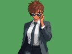  1girl adjusting_eyewear black_jacket black_necktie black_pants brown_hair commentary_request green_background jacket kei_sakuragi looking_to_the_side necktie open_clothes open_jacket pants picopico256 pixel_art shirt short_hair simple_background solo sunglasses the_scramble_vice white_shirt 