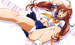  ;o ahoge arm_up bangs blush breasts brown_hair character_name glasses hair_bobbles hair_ornament hand_on_own_head highres ikkitousen impossible_clothes impossible_shirt large_breasts long_hair looking_at_viewer low-tied_long_hair low_twintails lying midriff neckerchief official_art on_back one_eye_closed open_mouth panties pantyshot pantyshot_(lying) pleated_skirt rimless_eyewear rin-sin ryuubi_gentoku scan school_uniform serafuku shadow shirt short_sleeves skirt sleeve_cuffs socks solo spread_legs star taut_clothes taut_shirt twintails underwear very_long_hair white_background white_panties wince 