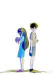  1boy 1girl antenna_hair aqua_dress aubrey_(omori) black_eyes black_hair black_shoes blue_hair blue_shorts bow closed_eyes closed_mouth commentary_request dress grey_shirt hair_behind_ear hair_between_eyes highres holding holding_photo holding_stuffed_toy long_hair mr._plantegg_(omori) omori onnepaskur1 photo_(object) pink_bow pink_shoes shirt shoes short_hair short_sleeves shorts sidelocks socks stuffed_toy sunny_(omori) white_background white_socks 