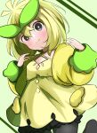  1girl :d absurdres black_eyes black_pantyhose blonde_hair bloomers breasts browt cafe_berry cleavage commentary_request dress green_background green_hair hair_ornament hands_up highres multicolored_hair pantyhose personification pokemon short_hair smile solo streaked_hair yellow_dress 