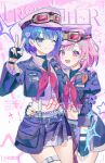  2girls belt black_belt black_gloves blue_eyes blue_hair character_name closed_mouth commentary cowboy_shot cropped_jacket fingerless_gloves gloves goggles goggles_on_head goggles_on_headwear hat highres jacket long_sleeves looking_at_viewer midriff multiple_girls navel neckerchief oc_x_canon official_alternate_costume one_eye_closed ootori_emu open_mouth original pink_eyes pink_hair plaid_clothes plaid_skirt project_sekai puffy_sleeves purple_skirt q_(llll4414_j) red_neckerchief shirt short_hair skirt smile v yuri 