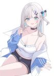  1girl :d black_bow black_choker black_shorts blue_eyes blue_hair blue_jacket bow breasts camisole choker cleavage colored_inner_hair commentary dreamoon earrings frilled_camisole frills grey_hair hair_bow hair_ornament hair_rings hairclip hand_up highres jacket jewelry kaga_sumire kaga_sumire_(6th_costume) long_hair looking_at_viewer mole mole_under_eye multicolored_hair multicolored_jacket off_shoulder official_alternate_costume one_side_up open_mouth short_shorts shorts simple_background single_hair_ring sitting smile solo two-tone_jacket very_long_hair virtual_youtuber vspo! white_background white_camisole white_jacket x_hair_ornament 