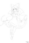  1girl :d alpha_transparency ascot bow detached_sleeves frilled_ascot frilled_skirt frills full_body gohei greyscale hair_bow hair_tubes hakurei_reimu highres holding holding_gohei leg_up lineart mary_janes medium_hair midriff_peek monochrome nurimas_template open_mouth ribbon-trimmed_sleeves ribbon_trim shoes skirt smile solo standing touhou 