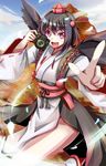  akiyasu alternate_costume bird_wings black_hair camera hat japanese_clothes kourindou_tengu_costume looking_at_viewer obi open_mouth pelvic_curtain pink_eyes sash shameimaru_aya short_hair smile solo tengu tokin_hat touhou wings 