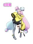  1girl :d bow-shaped_hair character_hair_ornament commentary_request full_body grey_pantyhose grey_shoes hair_ornament happy highres iono_(pokemon) jacket long_hair long_sleeves multicolored_hair open_mouth oyukiri_daifuku pantyhose pink_eyes pink_hair pokemon pokemon_scarlet_and_violet shoes single_leg_pantyhose sleeves_past_fingers sleeves_past_wrists smile solo standing star_(symbol) star_in_eye star_print symbol_in_eye teeth thigh_strap twintails two-tone_hair upper_teeth_only white_background yellow_jacket 