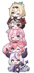  5girls absurdres anger_vein animal_ears blonde_hair blue_eyes chibi chibi_only commentary demon_horns fang green_eyes grey_hair hakui_koyori head_wings heavy highres hololive horns human_stacking kazama_iroha kiwipodo la+_darknesss looking_at_viewer multiple_girls open_mouth pink_hair pointy_ears red_eyes sakamata_chloe sidelocks simple_background skin_fang smile tail takane_lui trembling virtual_youtuber white_background white_hair wings wolf_ears wolf_girl wolf_tail yellow_eyes 