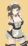  apron arutoria black_legwear blush breasts brown_hair garters large_breasts maid maid_headdress no_bra one_eye_closed original pointy_ears purple_eyes smile solo thighhighs 