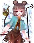  1girl absurdres animal_ears basket black_skirt black_vest blue_capelet capelet closed_mouth commentary dowsing_rod dual_wielding grey_hair highres holding holding_with_tail ikth00nm jewelry looking_at_viewer mouse_(animal) mouse_ears mouse_girl mouse_tail nazrin necklace pendant prehensile_tail red_eyes short_hair skirt skirt_cutout smile solo tail touhou vest 