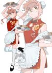  1girl above-cleavage_cutout absurdres alternate_costume alternate_hairstyle apron bamboo_steamer bun_cover china_dress chinese_clothes clothing_cutout double_bun dress frilled_apron frills full_body hair_bun highres kantai_collection makigumo_(kancolle) mary_janes multiple_views ojipon pink_hair red_dress shoes side_slit sidelocks simple_background standing standing_on_one_leg strap_slip thighhighs tray waitress watermark white_apron white_background white_thighhighs yellow_eyes zoom_layer 