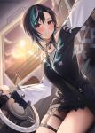  1girl absurdres amane_sora aqua_streaks black_hair blush car car_interior choker commentary_request driving earrings highres hololive hololive_dev_is jewelry knee_strap looking_at_viewer mole mole_on_neck motor_vehicle multicolored_hair o-ring o-ring_thigh_strap ocean off_shoulder rindo_chihaya rindo_chihaya_(1st_costume) seatbelt seatbelt_between_breasts short_hair signature single_off_shoulder smile spiked_sleeves steering_wheel streaked_hair sun thigh_strap thighs virtual_youtuber white_streaks 