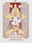 arm_up banner blue_eyes card closed_mouth commentary_request english_text gem highres holding holding_scale holding_sword holding_weapon inset_border jewelry jira_077 jirachi justice_(tarot) necklace no_humans pillar pokemon pokemon_(creature) pokemon_focus red_gem straight-on sword tarot tarot_card watermark weapon weighing_scale 