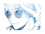 1boy arm_up border close-up closed_mouth commentary_request eyelashes gojo_satoru highres jjk_inu jujutsu_kaisen looking_to_the_side male_focus monochrome round_eyewear shirt sideways_glance solo sunglasses v white_border 