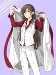  1girl brown_hair closed_mouth coat commentary_request hair_ornament hairpin heaven_burns_red holding holding_coat holding_unworn_clothes jewelry katase_nano long_hair looking_at_viewer necklace pants red_eyes red_shirt shirt unworn_coat vest white_pants white_vest yanagi_mion yanagi_mion_(scent_of_the_night_melody_of_the_roses) 
