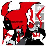  1other black_jacket black_pants bomal1215 colored_skin commentary_request computer_virus demon_wings full_body head_wings jacket korean_commentary lowres necktie open_mouth original pants red_necktie red_skin red_wings simple_background smile white_background wings 