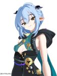  1girl animal_ears black_unitard blue_hair breasts cleavage_cutout clothing_cutout commentary_request goat_ears goat_girl goat_horns hair_between_eyes highres hood horns looking_at_viewer lucia_elowen mole mole_on_arm onli720 pointy_ears short_hair simple_background small_breasts smile solo twitter_username upper_body white_background yellow_eyes zenless_zone_zero 