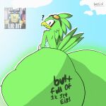 1:1 2026 anthro avian basebird beak big_butt bird body_hair butt chest_hair cloud confusion digital_drawing_(artwork) digital_media_(artwork) english_description expansion feathers fluffy fluffy_chest green_body hi_res huge_butt hybrid hyper hyper_butt inflation jet_the_hawk looking_back male nude overweight resting sega simple_background sitting sky solo sonic_riders sonic_the_hedgehog_(series) sunny tail thick_thighs weight_gain wide_hips