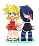  bad_id bad_pixiv_id blonde_hair blue_eyes chibi child dress meiro_(yuu) multiple_girls official_style panty_&amp;_stocking_with_garterbelt panty_(psg) red_dress short_hair smile stocking_(psg) striped striped_legwear thighhighs younger 