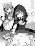  2girls animal_ears cat_ears cat_girl cat_tail cloak commentary_request cup dress greyscale hair_bobbles hair_ornament highres holding holding_paper hood hood_up hooded_cloak indoors long_hair long_sleeves looking_at_viewer maid maid_headdress monochrome multiple_girls open_mouth original paper pleated_skirt pov pov_hands saucer shirt_tucked_in short_hair skirt table tail teacup yuuji_overall 