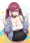  1girl bare_shoulders black_skirt blue_jacket blush breasts camisole cleavage collar commentary_request grin hair_ribbon highres jacket large_breasts long_hair long_sleeves looking_at_viewer off_shoulder original purple_eyes purple_hair ribbon skirt smile solo thick_eyebrows try_(lsc) twintails white_camisole 