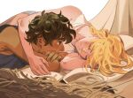  2boys achilles_(mythology) aquiline_nose arm_around_shoulder black_shirt blonde_hair brown_hair closed_eyes closed_mouth commentary crossed_arms english_commentary greek_mythology hay highres looking_at_another lying male_focus medium_hair multiple_boys nose on_side patroclus_(mythology) prema-ja shirt sleeveless sleeveless_shirt smile the_song_of_achilles white_background white_shirt 