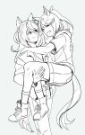  2girls absurdres animal_ear_fluff animal_ear_piercing animal_ears ankle_socks arms_around_neck boots bright_pupils carrying carrying_person earrings fang grin hatching_(texture) highres hood hoodie horse_ears horse_girl jacket jewelry lace-up_boots linear_hatching lineart long_hair looking_at_another multicolored_hair multiple_girls pants ponytail princess_carry raised_eyebrow shirt shirt_tucked_in short_sleeves shorts smile socks streaked_hair supersonicsoda symboli_rudolf_(umamusume) tail tail_through_clothes teeth tokai_teio_(umamusume) toned toned_female umamusume white_pupils 