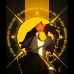 anthro bovid caprine clothed clothing eyewear female ferretfolk glasses goat gold_(metal) hair hi_res horn latin_text lisa_(ferretfolk) mammal piercing red_hair solo standing text wearing_glasses