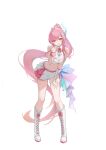  1girl absurdres acan_(gskj8822) aemeath_(wuthering_waves) ahoge bare_shoulders blush boots breasts cleavage commentary hair_ornament hand_up highres knee_boots lace-up_boots leaning_forward long_hair looking_at_viewer medium_breasts navel official_alternate_costume open_mouth orange_eyes pink_hair ponytail simple_background skirt smile solo stomach thigh_strap w white_background white_boots white_skirt wuthering_waves 