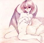  bangs barefoot bat_wings bed covering covering_breasts drymon feet monochrome nude remilia_scarlet solo touhou traditional_media wings 