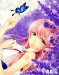  blue_eyes bug butterfly digital_media_player earbuds earphones earrings flower insect ipod jewelry lavender_(flower) long_hair megurine_luka pink_hair rail_(silverbow) smile solo tattoo treble_clef vocaloid 