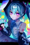  1girl aqua_hair aqua_nails aqua_necktie bare_shoulders black_sleeves commentary_request detached_sleeves expressionless grey_shirt hatsune_miku highres ink_stamp long_hair looking_at_viewer necktie number_tattoo pink_eyes shirt sleeveless sleeveless_shirt tattoo tikuwa_53 twintails utahime_shikkaku_(vocaloid) very_long_hair vocaloid 