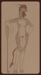  2026 absurd_res anthro big_breasts breasts digital_media_(artwork) female genitals giraffe giraffid hair hi_res horn lovelace_filigree mammal monochrome nipples nude oar ossicone simple_background solo standing stray_prey tail 