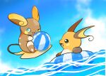  alolan_raichu ball beachball blue_eyes brown_eyes cloud day english_commentary floating happy highres holding no_humans one_eye_closed outdoors pokemon pokemon_(creature) pokemon_focus raichu smile swim_ring takap_oekaki water 