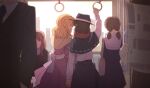  1boy 1other 4girls arm_up bag black_capelet black_coat black_hat black_necktie black_skirt blonde_hair bow brown_bag business_suit capelet cityscape coat collared_dress collared_shirt commentary_request contrast_collar dress faceless faceless_female frilled_dress frills from_behind hair_bow hat hat_bow holding holding_hands holding_newspaper long_hair maribel_hearn medium_hair multiple_girls necktie newspaper purple_dress reading ribbon-trimmed_capelet ribbon_trim sash shirt shirt_tucked_in shoulder_bag skirt suit touhou train_interior twintails unagi_sango usami_renko waist_bow whispering white_bow white_sash white_shirt window yuri 