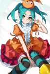  1girl absurdres amamiyayk aqua_hair between_legs boots closed_mouth commentary dress expressionless feet_out_of_frame floating_hair googly_eyes green_eyes hand_between_own_legs hand_up hat highres layered_dress light_blush looking_at_viewer monogatari_(series) multicolored_thighhighs ononoki_yotsugi orange_dress orange_hat pointy_ears puffy_short_sleeves puffy_sleeves rubber_boots shadow short_eyebrows short_sleeves sitting split_mouth striped_clothes striped_thighhighs thick_eyebrows thighhighs twintails two-tone_thighhighs untranslatable_commentary v white_background yellow_boots zoom_layer 