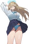  1girl absurdres asuna_(blue_archive) black_choker blonde_hair blue_archive blue_halo blue_panties bow breasts choker collared_shirt commentary cowboy_shot floating_clothes floating_hair from_below grin hair_over_one_eye halo hand_on_own_head highres hip_bones large_breasts panties pantyshot pleated_skirt riel_(rielilu) shirt simple_background skirt smile solo underwear upper_body white_background white_shirt 