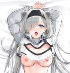  1girl animal_ears arknights arms_behind_head arms_up aurora_(arknights) bear_ears blue_eyes blush breasts breasts_out but dakimakura_(medium) eyes_visible_through_hair grey_hair hair_ornament hair_over_one_eye hairclip highres large_breasts long_hair long_sleeves looking_at_viewer nipples open_mouth shrug_(clothing) solo tongue tongue_out unzipped upper_body very_long_hair zipper 