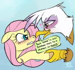  &lt;3 angry avian beak blue_background blue_eyes blush bodily_fluids brown_body clenched_teeth dialogue digital_media_(artwork) duo english_text equid equine eyelashes feathers female female/female feral flutterbree fluttershy_(mlp) friendship_is_magic gesture gilda_(mlp) gryphon hair half-closed_eyes handshake hasbro hooves horse mammal my_little_pony mythological_avian mythology narrowed_eyes pink_hair pony signature simple_background sweat sweatdrop teeth text white_body white_feathers yellow_beak yellow_body yellow_eyes 