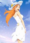  :d absurdres bleach blue_sky breasts day dress flower grey_eyes hair_ornament hairpin hat hat_flower highres inoue_orihime instagram_username large_breasts long_hair looking_at_viewer looking_back orange_hair outdoors sky smile stayaliveplz sun_hat twitter_username white_dress white_headwear white_wristband 