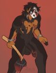  anthro axe balls big_balls big_penis black_body black_fur black_hair black_nipples black_penis blood blood_on_axe bodily_fluids brown_body brown_fur canid floppy_ears fur genitals glans grey_balls grey_body grey_fur grey_hair hair half-erect holding_axe holding_object holding_tool humanoid_genitalia humanoid_penis male mammal mask melee_weapon multicolored_hair nipple_piercing nipple_ring nipples nude obscured_eyes penis piercing portrait pupbii red_background red_glans ring_piercing signature simple_background solo standing three-quarter_portrait tools two_tone_hair weapon 