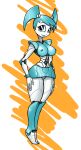  2019 android blue_hair breasts female full-length_portrait genitals hair hand_on_leg hand_on_thigh hi_res humanoid jenny_wakeman looking_at_viewer machine metallic_body my_life_as_a_teenage_robot nickelodeon nipples not_furry portrait pussy robot robot_humanoid smile socarter solo standing tiptoes 