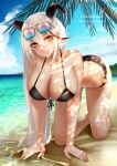  1girl aegir_(azur_lane) alternate_costume azur_lane bangs bare_legs bare_shoulders beach bikini black_bikini blush breasts cikisign collarbone commission dragon_horns english_text eyewear_on_head full_body highres horns huge_breasts kneeling legs long_hair looking_at_viewer multicolored_hair nail_polish ocean open_mouth orange_eyes palm_tree parted_lips red_nails sand skeb_commission smile solo streaked_hair sunglasses swimsuit thighs tree very_long_hair wet white_hair 