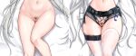  1girl arknights ass_visible_through_thighs aurora_(arknights) but dakimakura_(medium) feet_out_of_frame female_pubic_hair grey_shorts highres knee_up long_hair lower_body multiple_views navel no_panties pubic_hair pussy short_shorts shorts skindentation stomach thigh_gap thigh_strap thighhighs torn_clothes torn_shorts torn_thighhighs uncensored very_long_hair white_thighhighs 